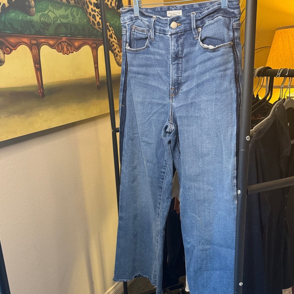 Good American Medium Blue Flared Wide Leg Jeans